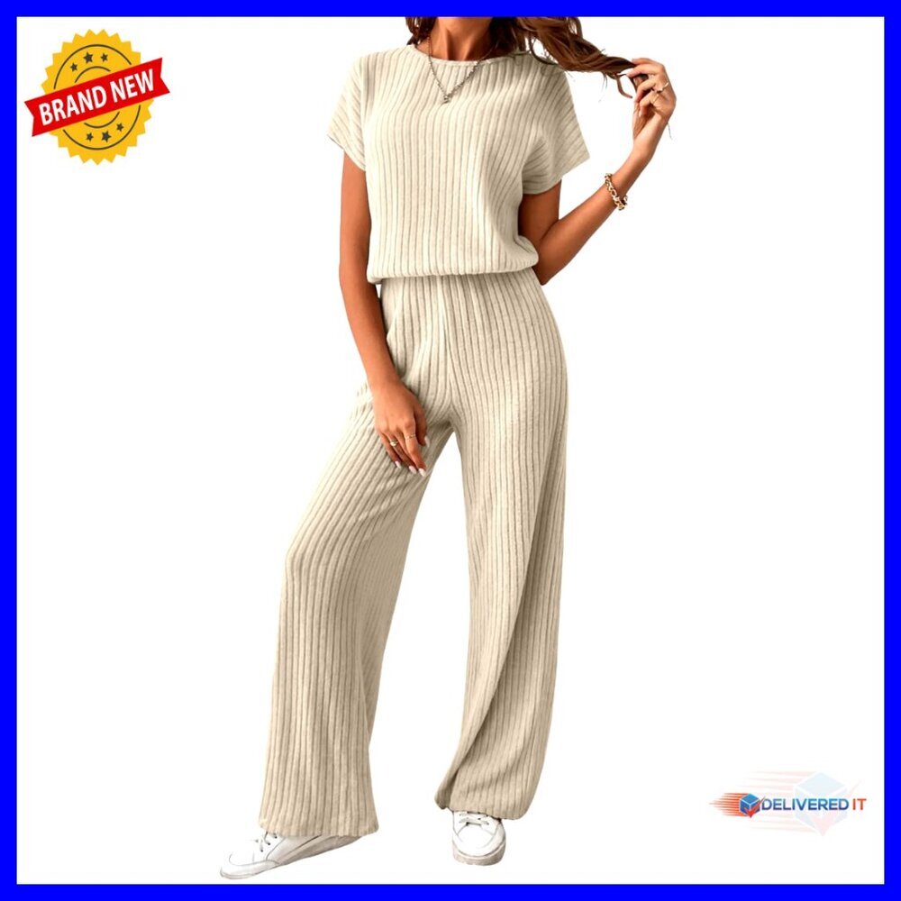 Ribbed Crewneck Jumpsuit Wide Leg Stretchy Casual Chic Loose Fit Romper - Picture 1 of 7